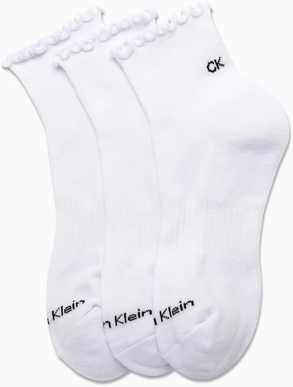 Calvin Klein Womens Quarter Socks - 3 Pack Cotton Cushioned Ruffle Half Crew Socks for Women with Lettuce Edge Cuff (4-10)