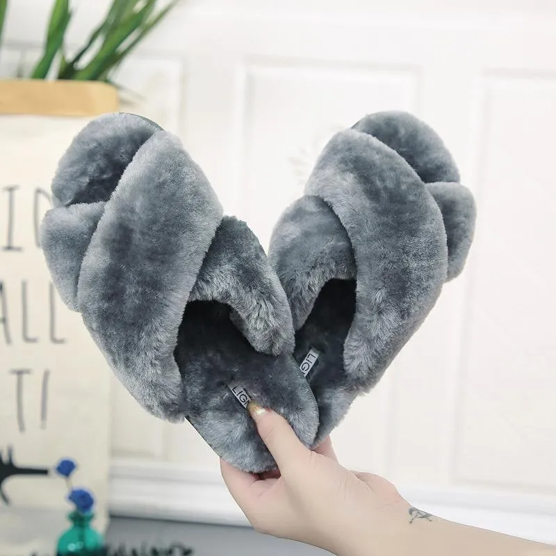 Chicvane Womens Solid Criss Cross Faux Fur Open Toe Fluffy Slide Sleepers