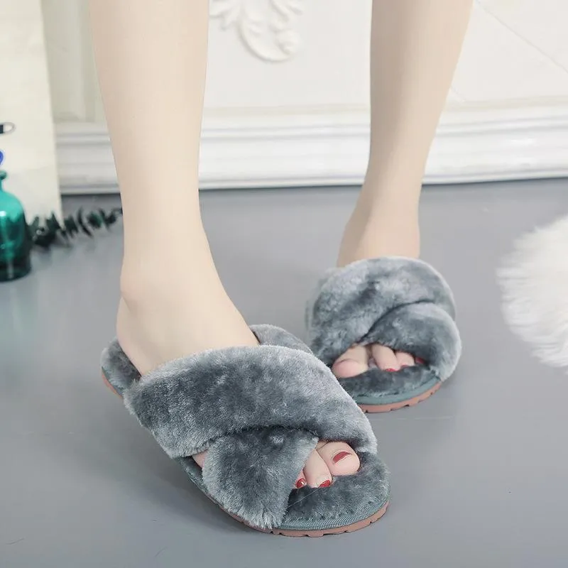 Chicvane Womens Solid Criss Cross Faux Fur Open Toe Fluffy Slide Sleepers