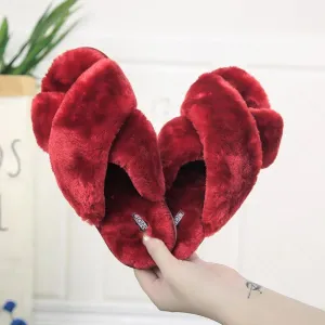 Chicvane Womens Solid Criss Cross Faux Fur Open Toe Fluffy Slide Sleepers