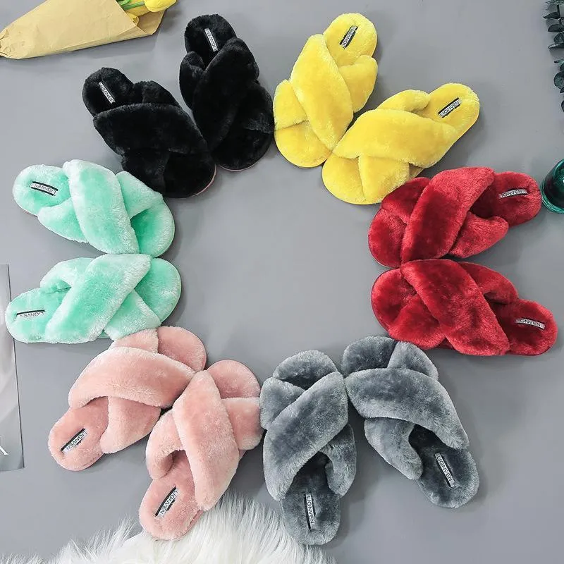 Chicvane Womens Solid Criss Cross Faux Fur Open Toe Fluffy Slide Sleepers