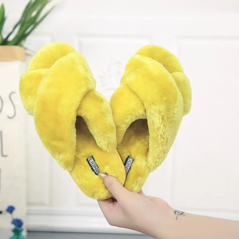Chicvane Womens Solid Criss Cross Faux Fur Open Toe Fluffy Slide Sleepers