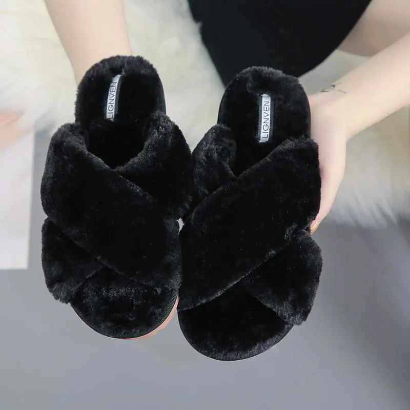 Chicvane Womens Solid Criss Cross Faux Fur Open Toe Fluffy Slide Sleepers