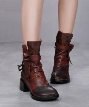 Coffee Splicing Handmade Cowhide Leather Chunky Boots ML1720