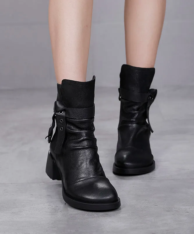 Coffee Splicing Handmade Cowhide Leather Chunky Boots ML1720