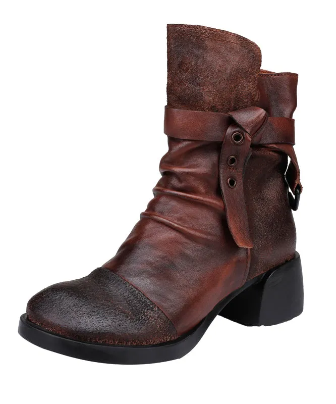 Coffee Splicing Handmade Cowhide Leather Chunky Boots ML1720