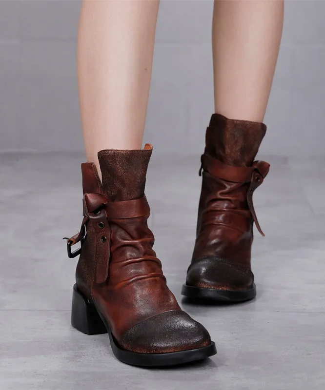 Coffee Splicing Handmade Cowhide Leather Chunky Boots ML1720