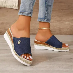 Summer Denim Wedge Sandals | Fish Mouth Hemp (Beige/Blue/Grey)