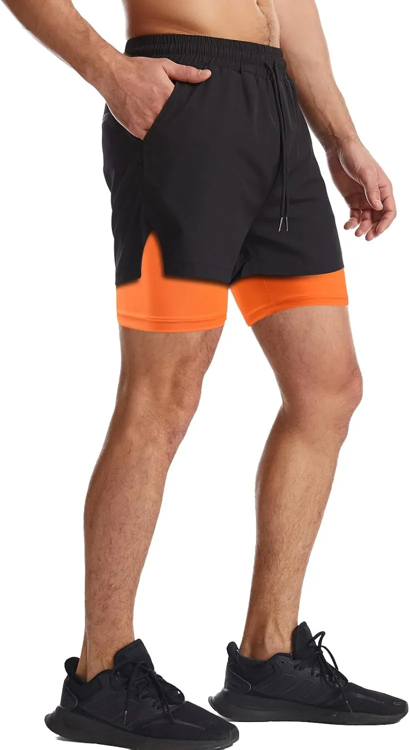 Surenow Mens 2 in 1 Running Shorts Quick Dry Athletic Shorts with Liner, Workout Shorts with Zip Pockets and Towel Loop