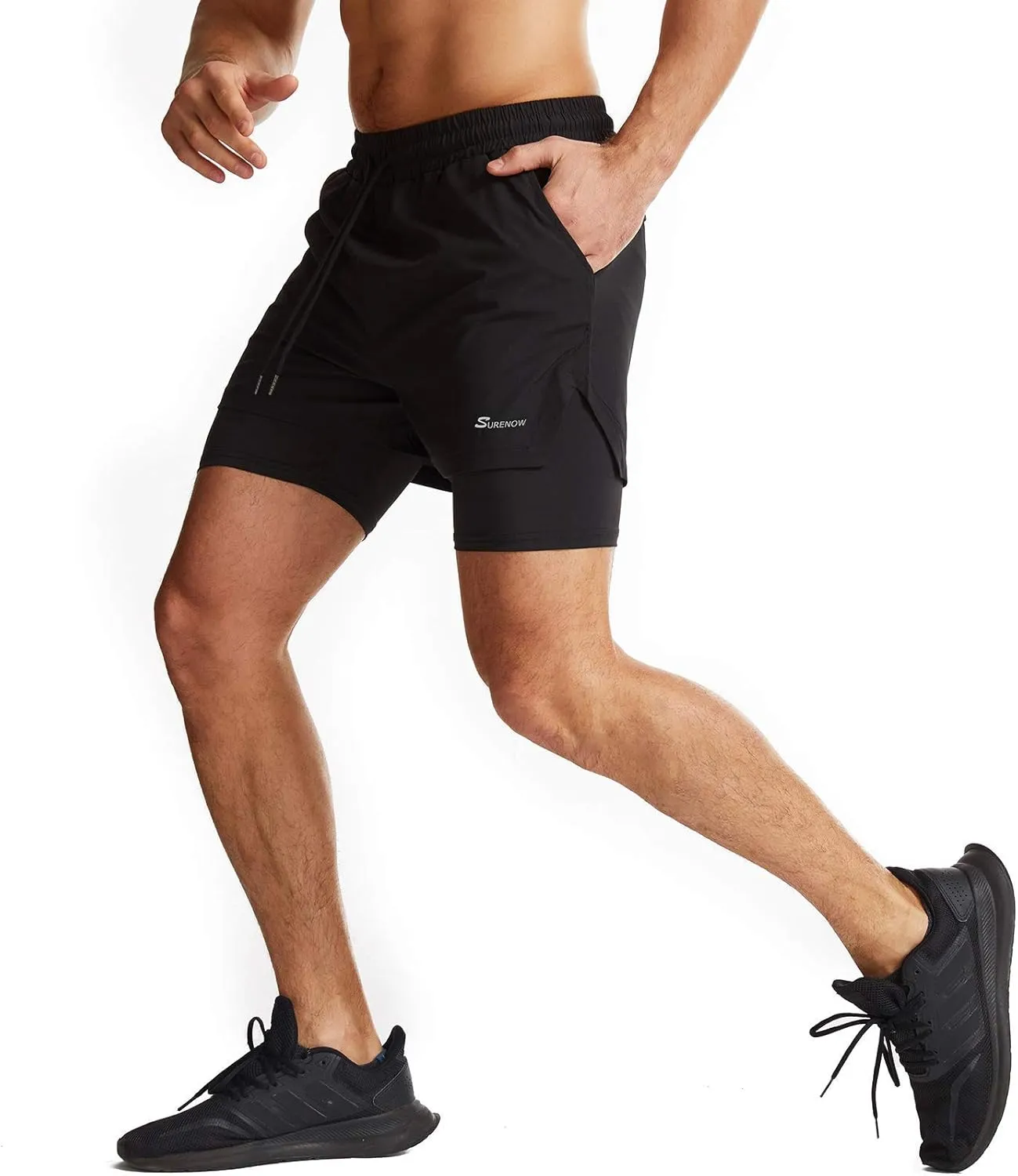 Surenow Mens 2 in 1 Running Shorts Quick Dry Athletic Shorts with Liner, Workout Shorts with Zip Pockets and Towel Loop