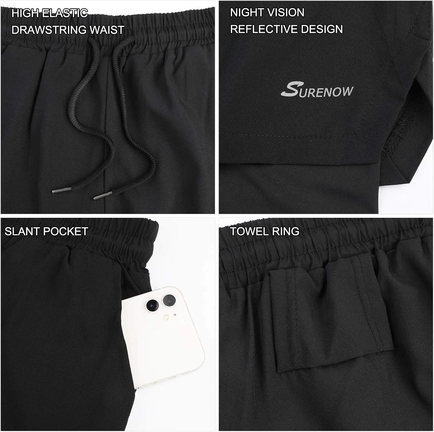 Surenow Mens 2 in 1 Running Shorts Quick Dry Athletic Shorts with Liner, Workout Shorts with Zip Pockets and Towel Loop