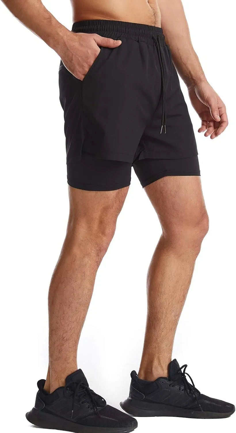 Surenow Mens 2 in 1 Running Shorts Quick Dry Athletic Shorts with Liner, Workout Shorts with Zip Pockets and Towel Loop