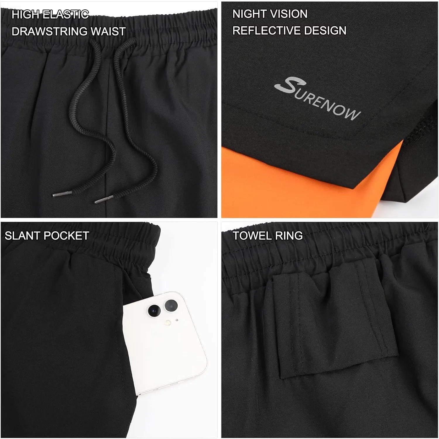Surenow Mens 2 in 1 Running Shorts Quick Dry Athletic Shorts with Liner, Workout Shorts with Zip Pockets and Towel Loop