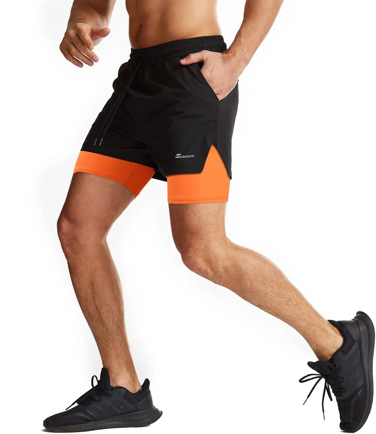 Surenow Mens 2 in 1 Running Shorts Quick Dry Athletic Shorts with Liner, Workout Shorts with Zip Pockets and Towel Loop