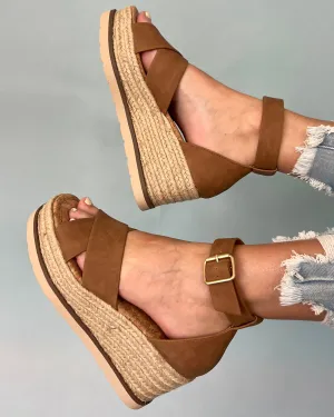 Terra Latte Suede Faux Leather Ankle Strap Wedges