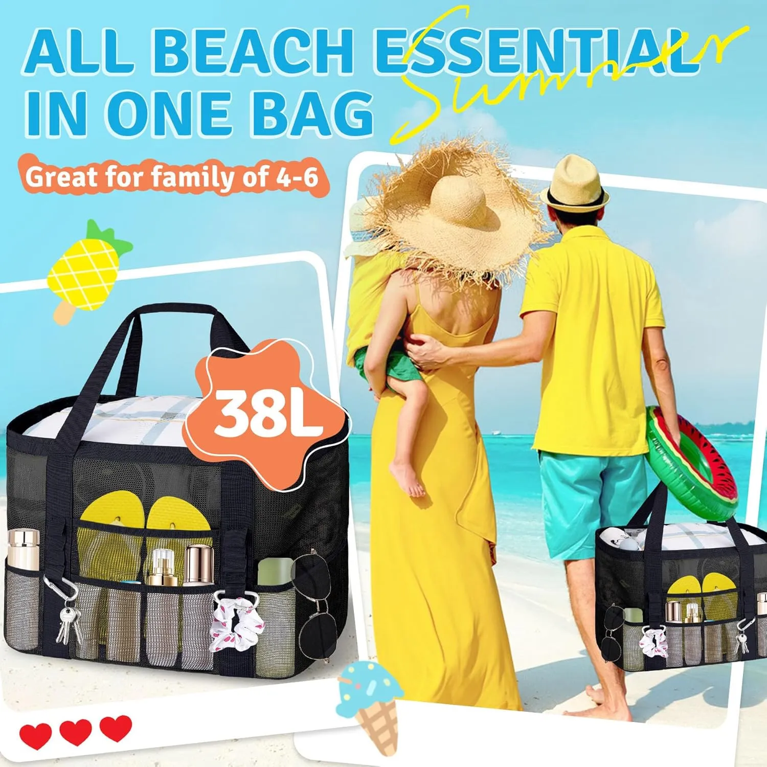XX-Large Mesh Beach Bag Tote - 9 Pockets for Family Travel/Vacation & Beach Essentials, Foldable & Lightwiht